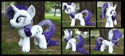 Size: 3870x1754 | Tagged: safe, artist:peruserofpieces, rarity, unicorn, female, from behind, front view, horn, irl, mare, photo, plushie, profile, smiling, solo, toy