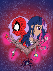 Size: 1600x2154 | Tagged: safe, artist:edcom02, artist:jmkplover, derpibooru import, twilight sparkle, human, spider, equestria girls, amethyst sorceress, crack shipping, crossover, humanized, marvel, spider web, spider-man, spiders and magic: rise of spider-mane, spidertwi