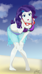 Size: 1440x2560 | Tagged: safe, artist:cristojo96, artist:runedark, rarity, better together, equestria girls, barefoot, beach, beach babe, bent over, bikini, bikini babe, breasts, cleavage, clothes, downblouse, feet, female, glasses rarity, raritits, rarity's glasses, sarong, solo, swimsuit