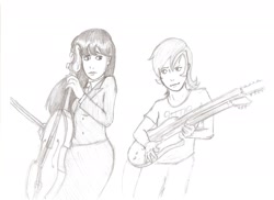 Size: 2338x1700 | Tagged: artist needed, safe, lyra heartstrings, octavia melody, human, cello, guitar, humanized, monochrome, musical instrument