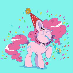 Size: 800x800 | Tagged: safe, artist:greenwiggly, pinkie pie, earth pony, pony, blue background, blushing, confetti, cute, cutie mark, diapinkes, female, hat, noisemaker, party hat, simple background, solo