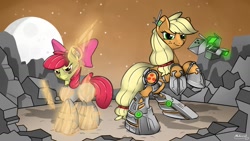 Size: 1191x670 | Tagged: safe, artist:malamol, apple bloom, applejack, earth pony, pony, armor, knife, mass effect, tech armor