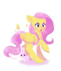 Size: 859x1001 | Tagged: safe, artist:zapsi, angel bunny, fluttershy, pegasus, pony, rabbit, duo, looking at something, looking down, open mouth, raised hoof, simple background, surprised, transparent background