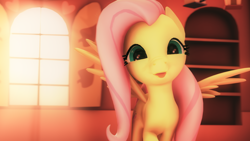 Size: 3840x2160 | Tagged: safe, artist:melodycloud14, fluttershy, pegasus, pony, 3d, bookshelf, cute, looking at you, poster, shyabetes, silly, silly pony, solo, source filmmaker, tongue out, window