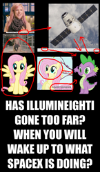 Size: 2748x4736 | Tagged: safe, fluttershy, spike, dragon, pegasus, pony, absurd resolution, conspiracy, dragon (spacecraft), illuminati, illuminati confirmed, jessica jensen, pun, similarities, spacex, wake up