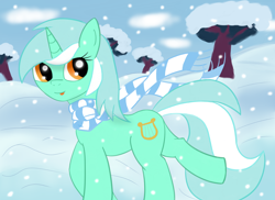 Size: 5500x4000 | Tagged: dead source, safe, artist:breezethepony, lyra heartstrings, pony, unicorn, absurd resolution, clothes, scarf, smiling, snow, snowfall, solo, tongue out, winter