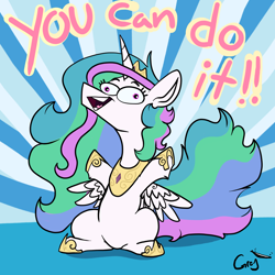 Size: 4200x4200 | Tagged: safe, artist:greyscaleart, princess celestia, alicorn, pony, absurd resolution, crown, derp, female, hoof shoes, jewelry, majestic as fuck, mare, motivational, positive message, positive ponies, regalia, short legs, smiling, solo, sunburst background