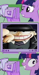 Size: 534x1023 | Tagged: safe, derpibooru import, twilight sparkle, anime, exploitable meme, meme, obligatory pony, retro, the laughing salesman, tv meme, wat, youtube link