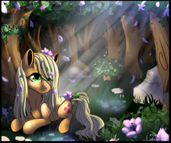 Size: 3600x3000 | Tagged: safe, artist:mimkage, applejack, earth pony, pony, crepuscular rays, flower, flower in hair, forest, loose hair, petals, prone, solo