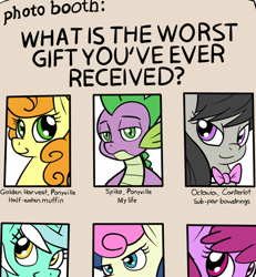 Size: 640x693 | Tagged: safe, artist:reiduran, berry punch, berryshine, bon bon, carrot top, golden harvest, lyra heartstrings, octavia melody, spike, sweetie drops, dragon, earth pony, pony, parody, photo