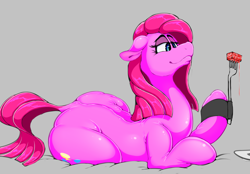 Size: 1280x893 | Tagged: safe, artist:theobrobine, pinkie pie, earth pony, pony, blood, dock, eating, food, fork, meat, pinkamena diane pie, ponies eating meat, simple background, solo