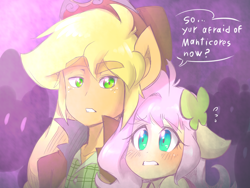 Size: 1600x1200 | Tagged: safe, artist:thegreatrouge, applejack, fluttershy, anthro, no second prances, scene interpretation