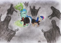 Size: 1063x751 | Tagged: safe, artist:harddriver04, bon bon, lyra heartstrings, sweetie drops, earth pony, pony, unicorn, clothes, crossover, dementor, eyes closed, frown, harry potter, harry potter (series), magic, necktie, on side, parody, patronus, robes, sweat, traditional art, wide eyes