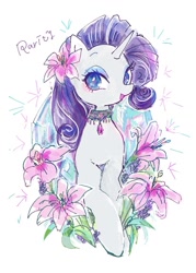 Size: 821x1149 | Tagged: safe, artist:osawari-64, artist:osawari64, rarity, pony, unicorn, cute, female, flower, flower in hair, jewelry, mare, necklace, no pupils, open mouth, raribetes, simple background, solo, white background