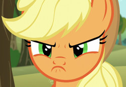 Size: 468x324 | Tagged: safe, screencap, applejack, earth pony, pony, no second prances, angry, close-up, cropped, female, mare, scowl, solo