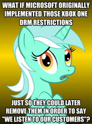 Size: 623x832 | Tagged: safe, lyra heartstrings, pony, unicorn, conspiracy lyra, exploitable meme, female, green coat, horn, image macro, looking at you, mare, meme, open mouth, simple background, solo, text, two toned mane, xbox one