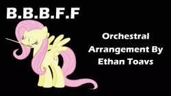 Size: 2400x1350 | Tagged: safe, fluttershy, pegasus, pony, baton, black background, conductor's baton, feminism, flutterbadass, mouth hold, music, shyabeyes, simple background, solo, song, text, youtube link