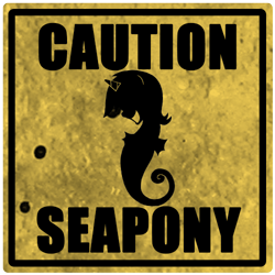 Size: 500x500 | Tagged: safe, lyra heartstrings, sea pony, caution sign, cover art, grin, parody, seaman, seapony lyra, sign, silhouette, smiling, solo, species swap, video game