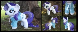 Size: 4230x1754 | Tagged: safe, artist:peruserofpieces, rarity, unicorn, accessory, clothes, hoodie, horn, irl, jacket, lidded eyes, photo, plushie, profile, solo, toy