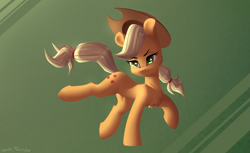 Size: 2775x1700 | Tagged: safe, artist:shido-tara, derpibooru import, applejack, earth pony, pony, angry, hat, jumping, raised tail, simple background, tail, wallpaper