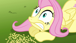 Size: 1280x720 | Tagged: safe, screencap, fluttershy, pegasus, pony, magic duel, gritted teeth, looking up, nervous, prone, solo, sweat, wide eyes