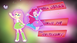 Size: 1280x720 | Tagged: safe, screencap, fluttershy, pinkie pie, bird, equestria girls, friendship games, andrea libman, balloon, boots, bracelet, clothes, confetti, credits, eyes closed, high heel boots, jewelry, jumping, open mouth, skirt, socks, sparkles