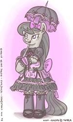 Size: 700x1170 | Tagged: safe, artist:king-kakapo, octavia melody, earth pony, pony, 30 minute art challenge, bipedal, black dress, bow, clothes, dress, female, frilly, frilly dress, gothic lolita, gradient background, hair bow, lolita fashion, mare, open mouth, open smile, shoes, smiling, socks, solo, umbrella