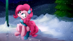 Size: 1920x1080 | Tagged: safe, artist:aurelleah, pinkie pie, pony, :p, cheek fluff, chest fluff, clothes, cute, diapinkes, earmuffs, fluffy, ice, leg fluff, looking up, mlem, night, raised hoof, scarf, sitting, snow, snowfall, solo, tongue out, tree, winter