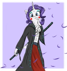 Size: 945x1000 | Tagged: safe, artist:rurihal, rarity, anthro, blush sticker, blushing, clothes, flower petals, hand on cheek, katana, midriff, purple background, samurai, sarashi, simple background, skirt, smiling, solo, sword, unsheathing, weapon