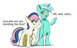 Size: 1113x694 | Tagged: safe, artist:raikoh, bon bon, lyra heartstrings, sweetie drops, earth pony, pony, unicorn, bipedal, colored pupils, dialogue, duo, human behavior, looking at each other, raised hoof, simple background, white background