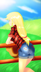 Size: 1080x1920 | Tagged: safe, artist:dieart77, applejack, equestria girls, rainbow rocks, anime, applebutt, ass, butt, clothes, cowboy hat, crepuscular rays, fence, field, freckles, hat, sexy, shorts, solo, stetson