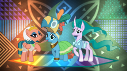 Size: 1600x900 | Tagged: safe, artist:jhayarr23, artist:laszlvfx, derpibooru import, edit, meadowbrook, mistmane, somnambula, earth pony, pegasus, unicorn, clothes, curved horn, healer's mask, horn, mage, mask, open mouth, wallpaper, wallpaper edit