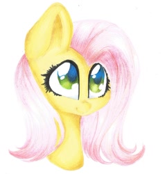 Size: 1024x1077 | Tagged: safe, artist:galaxyrosie02, fluttershy, pegasus, pony, bust, looking away, looking up, portrait, simple background, smiling, solo, traditional art, white background