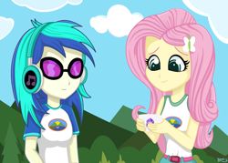 Size: 2664x1904 | Tagged: safe, artist:lovelygirlmusicer, dj pon-3, fluttershy, vinyl scratch, equestria girls, legend of everfree, breasts, camp everfree outfits, clothes, female, headphones, sunglasses, tree