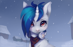 Size: 1600x1035 | Tagged: safe, artist:imalou, dj pon-3, vinyl scratch, pony, unicorn, clothes, headphones, looking at you, missing accessory, scarf, snow, snowfall, solo