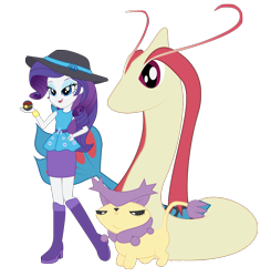 Size: 1157x1181 | Tagged: safe, artist:maretrick, rarity, equestria girls, ball, boots, delcatty, hat, milotic, pokémon, raised leg, shoes