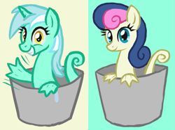 Size: 821x615 | Tagged: safe, artist:arrkhal, bon bon, lyra heartstrings, sweetie drops, sea pony, bucket, seapony bon bon, seapony lyra, species swap, waving