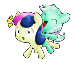 Size: 400x345 | Tagged: safe, artist:pegasisters82, bon bon, lyra heartstrings, sweetie drops, ponies riding ponies, riding