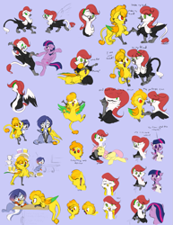 Size: 989x1280 | Tagged: safe, artist:furseiseki, derpibooru import, fluttershy, twilight sparkle, twilight sparkle (alicorn), oc, oc:duskelle, oc:lucio, alicorn, griffon, roc, dancing, dialogue, sketch dump, species swap