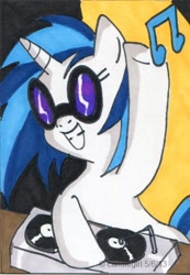 Size: 374x542 | Tagged: safe, artist:candlgirlbmk, dj pon-3, vinyl scratch, pony, unicorn, music notes, solo, traditional art, turntable