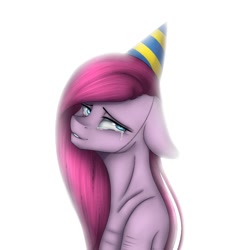 Size: 1050x1050 | Tagged: safe, artist:yeadatchantilly, pinkie pie, pony, crying, hat, party hat, pinkamena diane pie, simple background, solo, white background