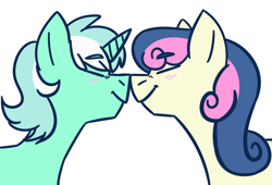 Size: 830x566 | Tagged: safe, artist:flower-power-love, bon bon, lyra heartstrings, sweetie drops, unicorn, blushing, boop, eyes closed, female, horn, lesbian, lyrabon, nuzzling, shipping