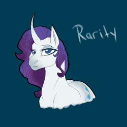 Size: 2350x2350 | Tagged: safe, artist:xxhuntersguardianxx, part of a set, rarity, pony, unicorn, blue background, coat markings, curved horn, female, horn, lidded eyes, looking at you, mare, raised eyebrow, redesign, simple background, solo