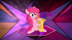 Size: 3840x2160 | Tagged: safe, artist:cyanlightning, artist:laszlvfx, derpibooru import, edit, pinkie pie, earth pony, pony, cute, diapinkes, musical instrument, saxophone, solo, wallpaper, wallpaper edit