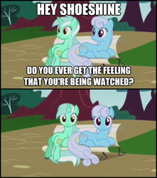 Size: 324x366 | Tagged: safe, edit, edited screencap, screencap, linky, lyra heartstrings, shoeshine, dragonshy, bench, breaking the fourth wall, comic, duo, fourth wall, image macro, looking at you, meme, screencap comic, sitting, sitting lyra