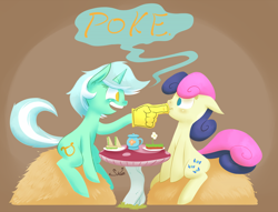 Size: 942x720 | Tagged: safe, artist:siden, bon bon, lyra heartstrings, sweetie drops, boop, foam finger, food, lyrabon, poking, scrunchy face, shipping, table