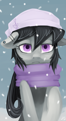 Size: 1372x2500 | Tagged: safe, artist:facerenon, octavia melody, earth pony, pony, clothes, hat, scarf, snow, snowfall, solo