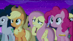 Size: 960x540 | Tagged: safe, screencap, applejack, cherry cola, cherry fizzy, cloud kicker, coco crusoe, fluttershy, lucky clover, pinkie pie, earth pony, pegasus, pony, no second prances, animated, discovery family logo, gif, scared, shivering