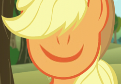 Size: 468x324 | Tagged: safe, edit, edited screencap, screencap, applejack, earth pony, pony, no second prances, creepy, inverted mouth, smiling, wat