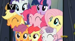 Size: 1672x911 | Tagged: safe, screencap, apple bloom, applejack, fluttershy, pinkie pie, rarity, scootaloo, sweetie belle, twilight sparkle, twilight sparkle (alicorn), alicorn, earth pony, pegasus, pony, unicorn, newbie dash, cutie mark crusaders, discovery family logo, female, mare